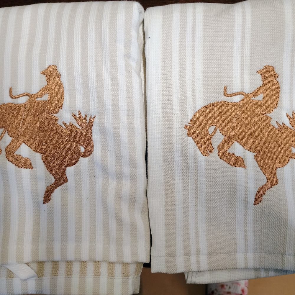 Striped Kitchen Towels with Embroidered Cowboy Design